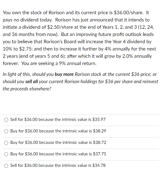 Solved You own the stock of Rorison and its current price is | Chegg.com