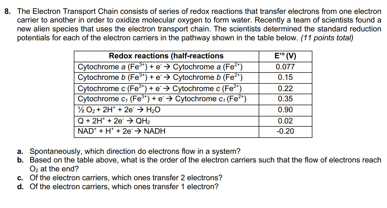 Solved 8. The Electron Transport Chain consists of series of | Chegg.com