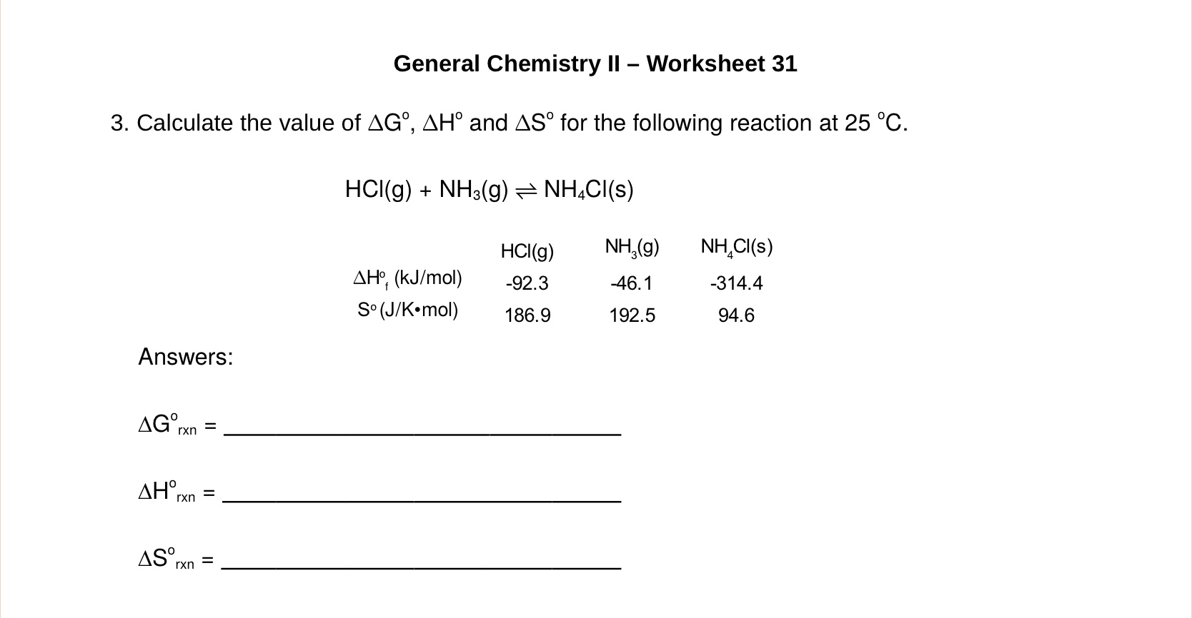 Solved General Chemistry II - Worksheet 31 3. Calculate the | Chegg.com
