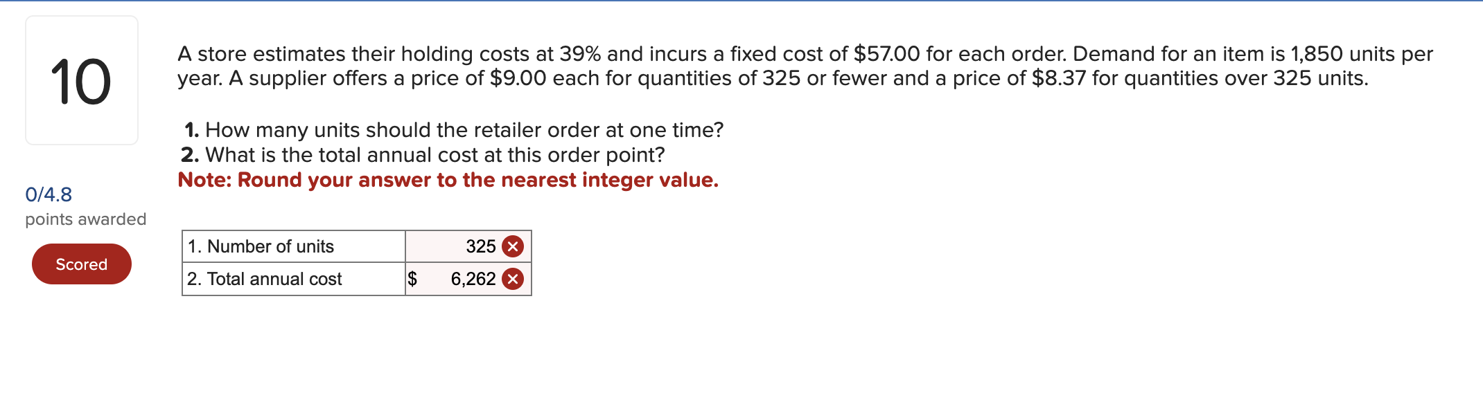 Solved A store estimates their holding costs at 39 and