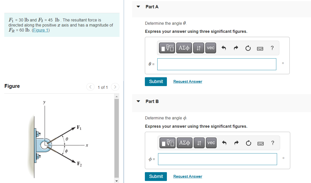 Solved F1=30lb and F2=45lb. The resultant force is directed | Chegg.com