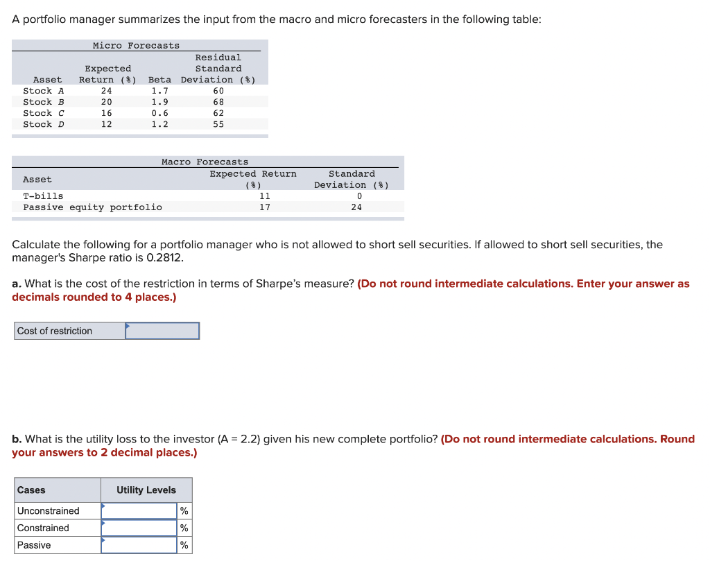 Solved A Portfolio Manager Summarizes The Input From The | Chegg.com