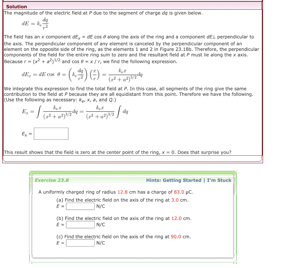 Solved Example 23.8 The Electric Field of a Uniform Ring of | Chegg.com