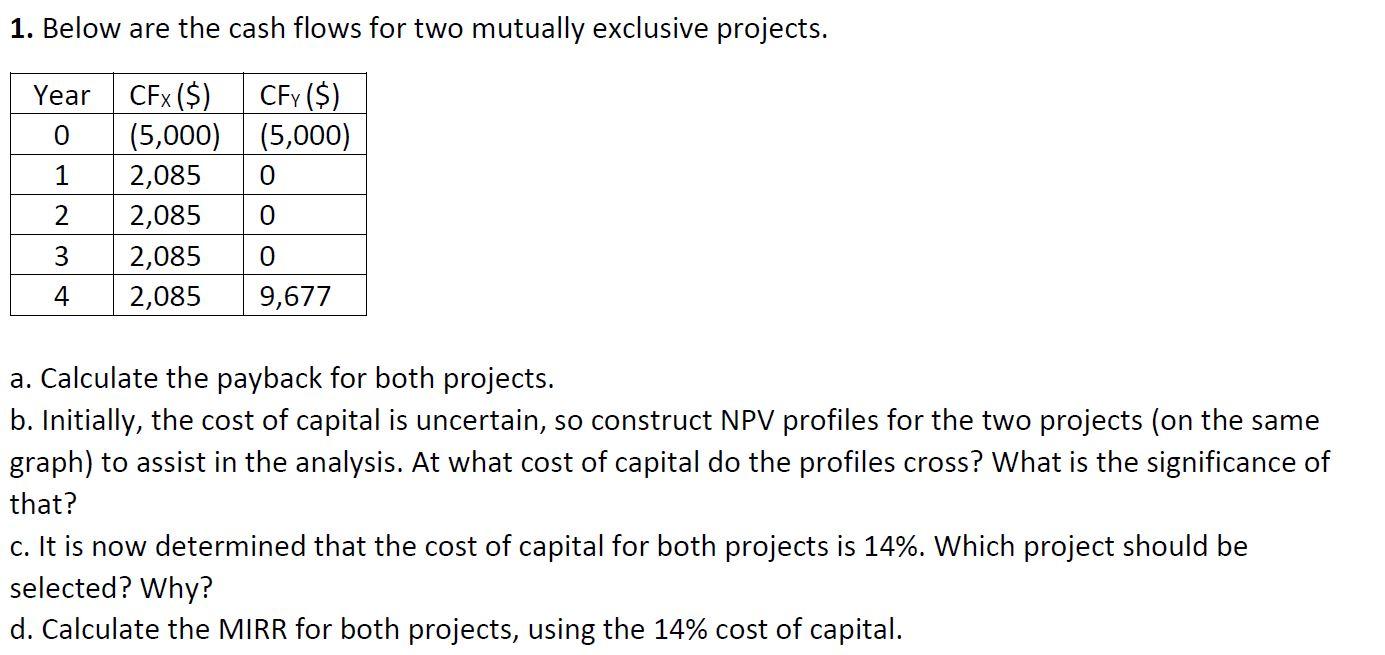Solved 1. Below are the cash flows for two mutually | Chegg.com