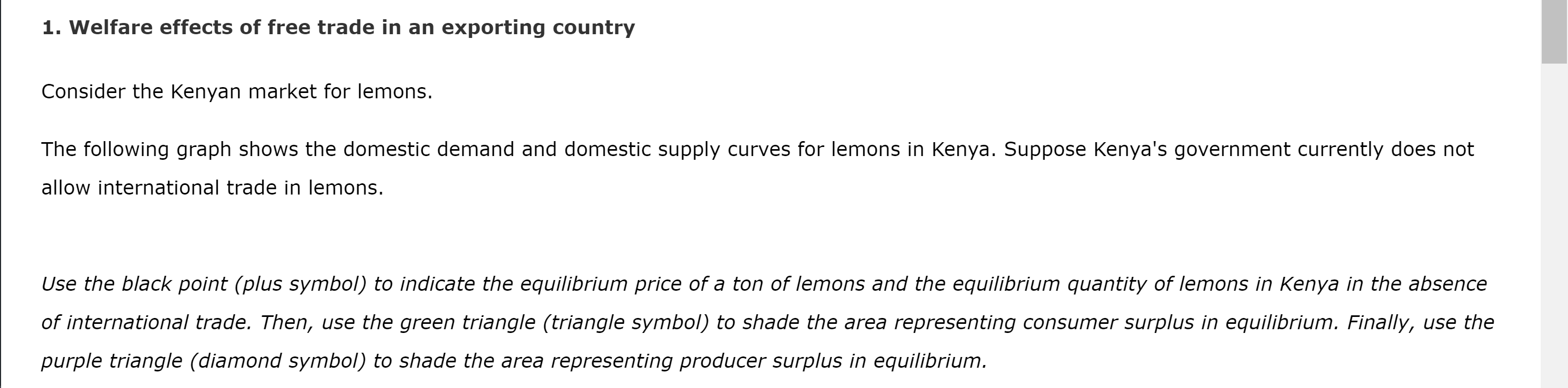 1. welfare effects of free trade in an exporting country consider the kenyan market for lemons. the following graph shows the
