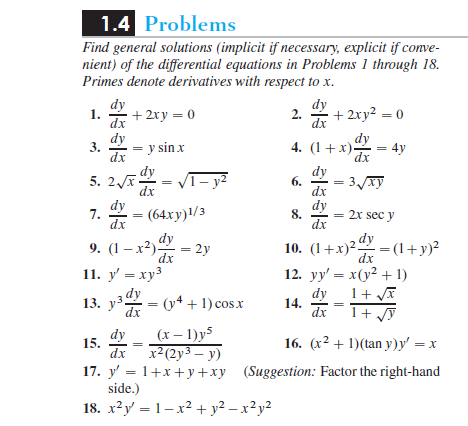 Solved 1. 1.4 Problems Find general solutions (implicit if | Chegg.com
