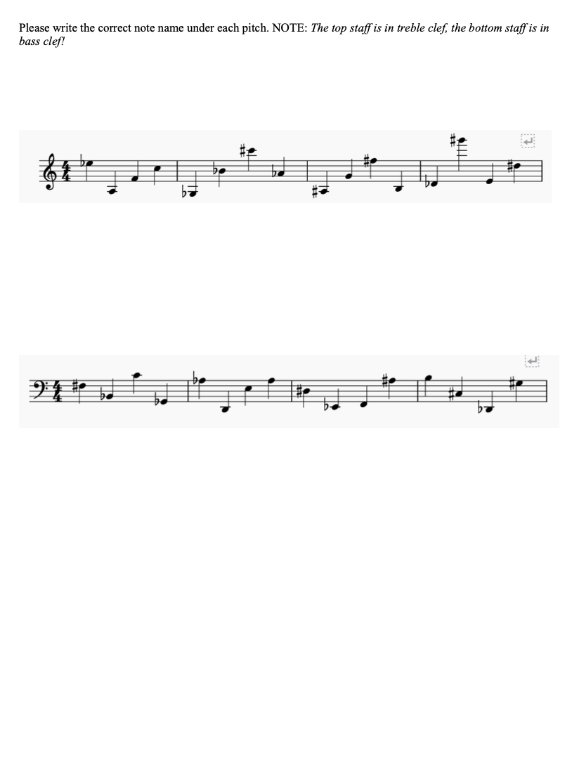 Please write the correct note name under each pitch.