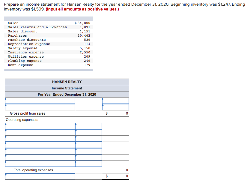 Solved Prepare an statement for Hansen Realty for the