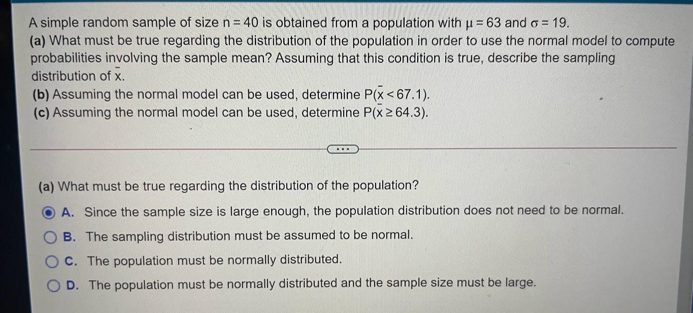 Solved A simple random sample of size n = 40 is obtained | Chegg.com