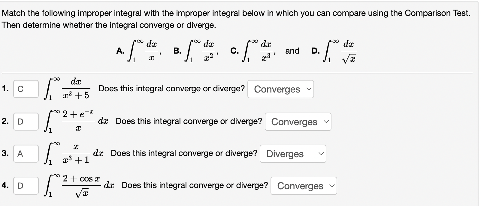 Solved Match The Following Improper Integral With The