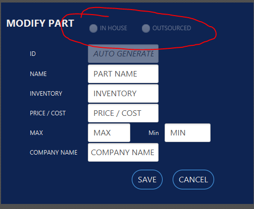 MODIFY PART IN HOUSE OUTSOURCED AUTO GENERATE NAME PART NAME INVENTORY INVENTORY PRICE / COST PRICE / COST MAX MAX Min MIN CO