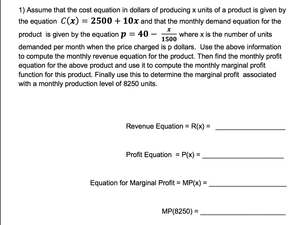 Solved X 1 Assume That The Cost Equation In Dollars Of P Chegg Com