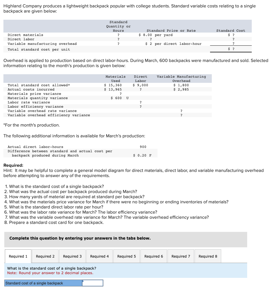 Solved Highland Company produces a lightweight backpack