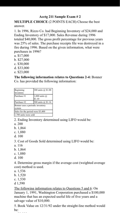 Solved Acctg 211 Sample Exam # 2 MULTIPLE CHOICE (2 POINTS | Chegg.com