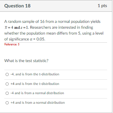 Solved Question 18 1 pts A random sample of 16 from a normal | Chegg.com
