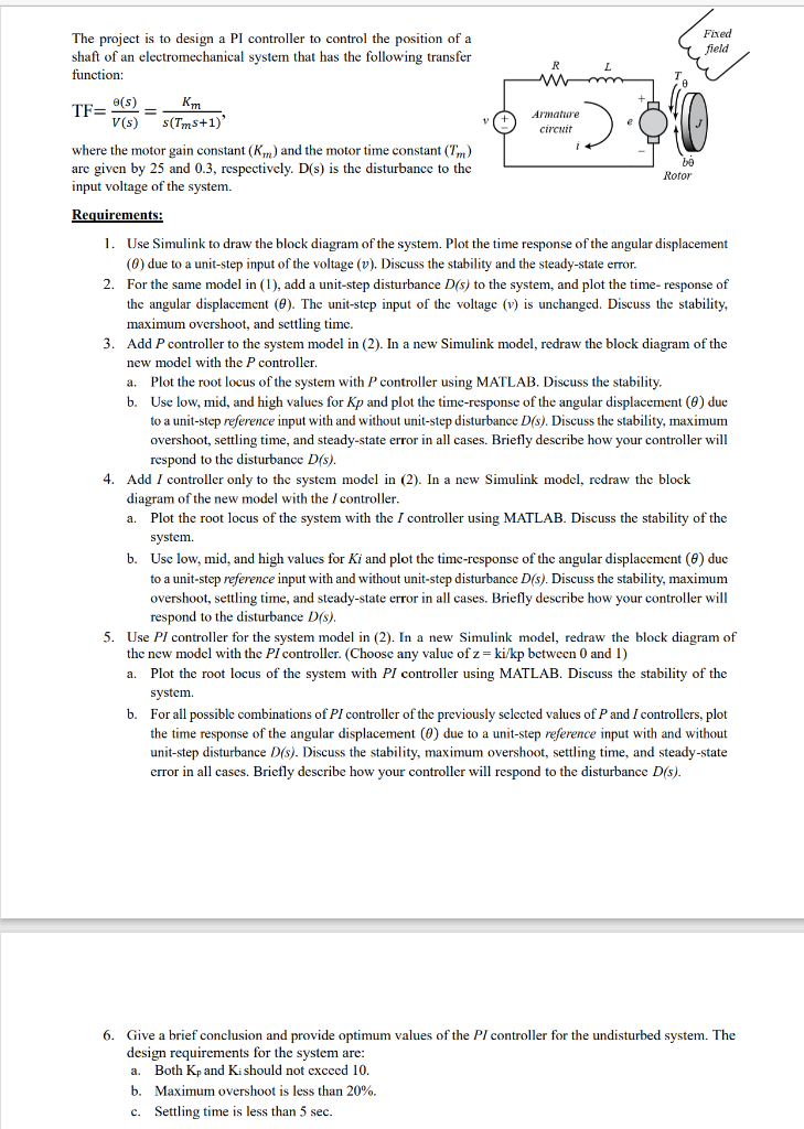 Solved The Project Is To Design A PI Controller To Control | Chegg.com