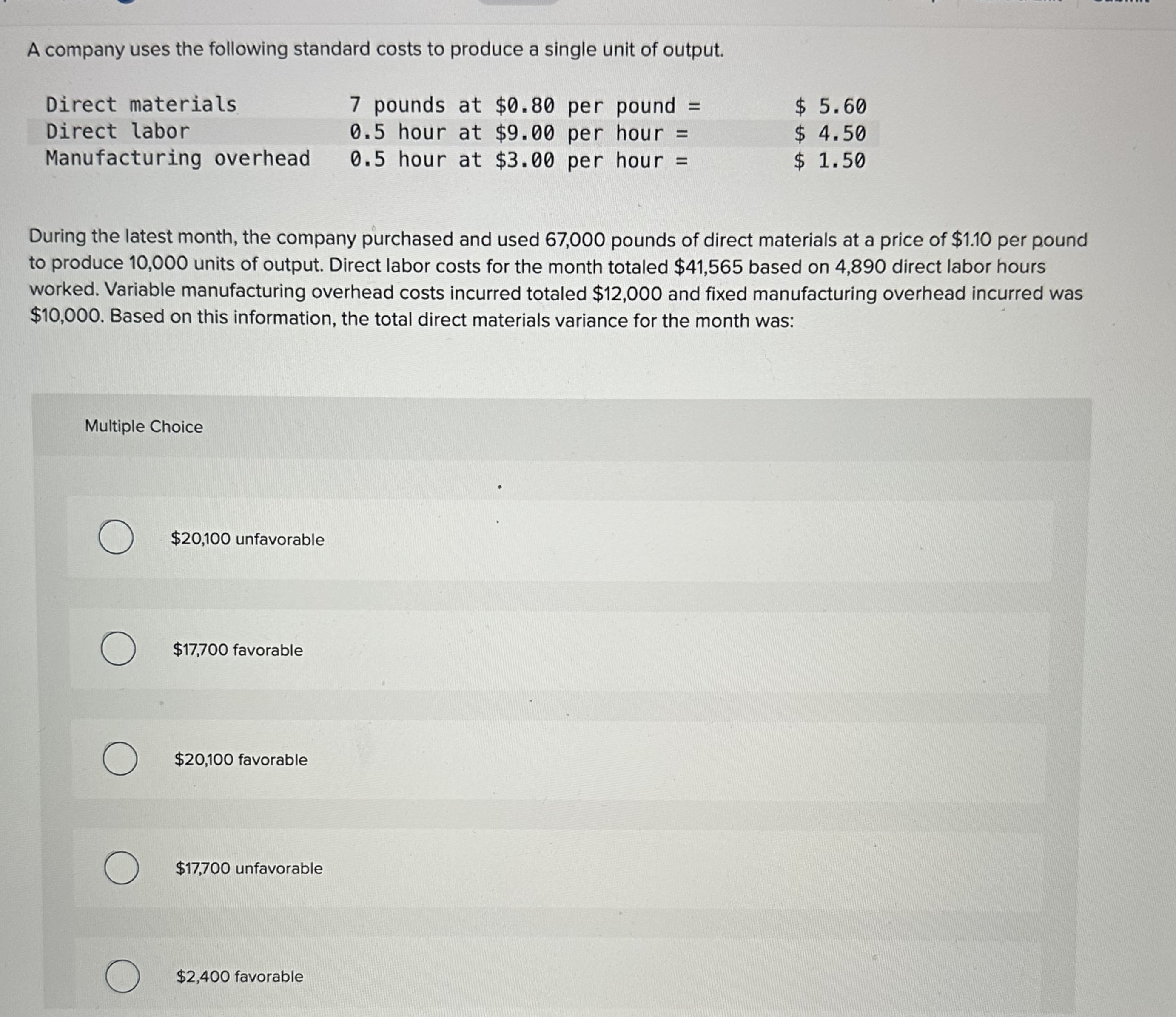 Solved A company uses the following standard costs to | Chegg.com