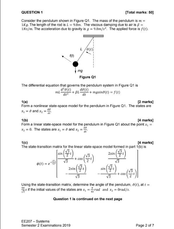Solved QUESTION 1 [Total marks: 50] Consider the pendulum | Chegg.com