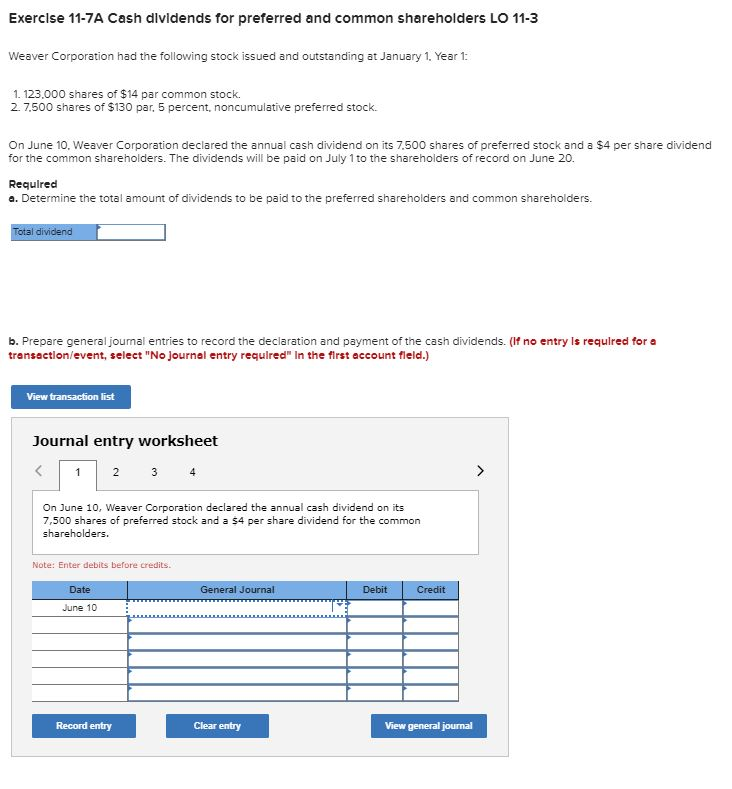 Solved Exercise 11-7A Cash Dividends For Preferred And | Chegg.com