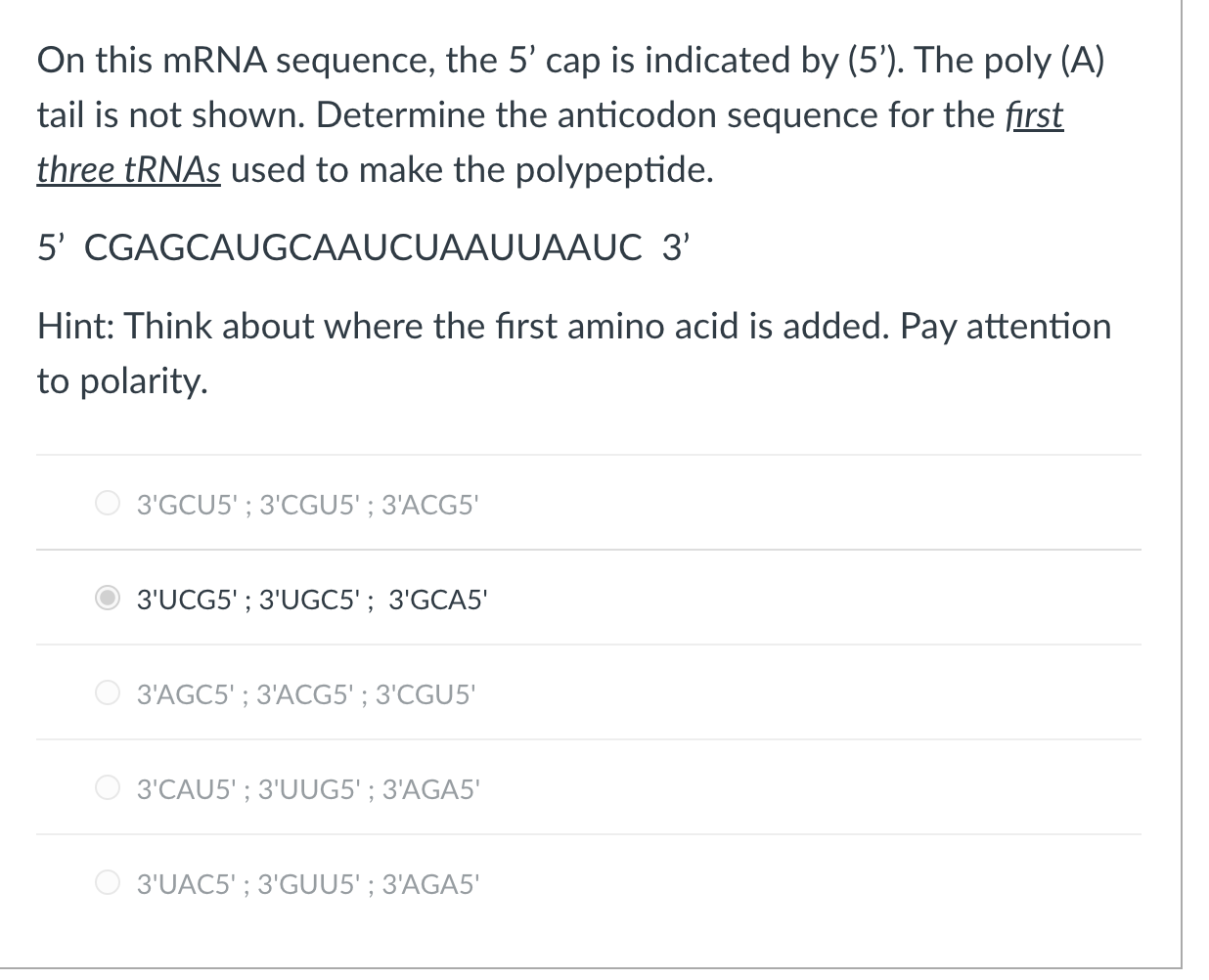 Solved On this mRNA sequence, the 5' ﻿cap is indicated by | Chegg.com