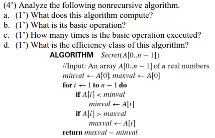 Solved (4') Analyze the following nonrecursive algorithm. a. | Chegg.com