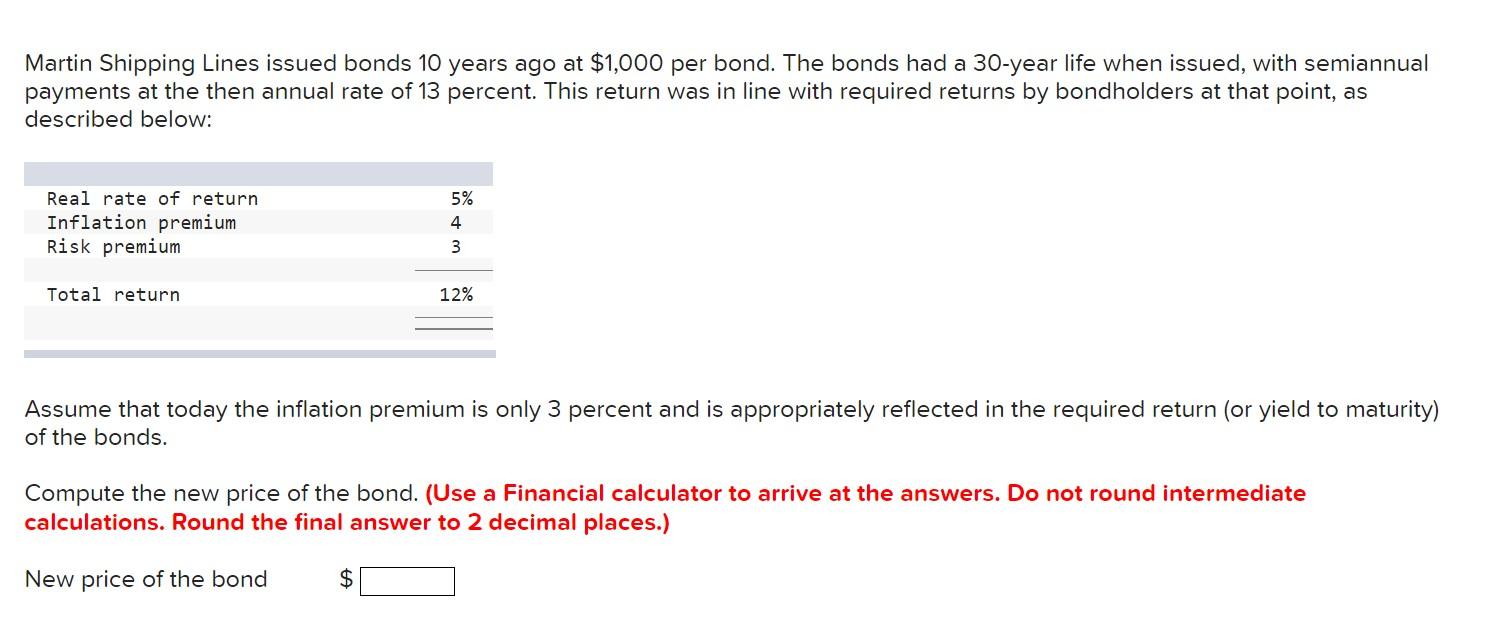 Solved Martin Shipping Lines issued bonds 10 years ago at | Chegg.com