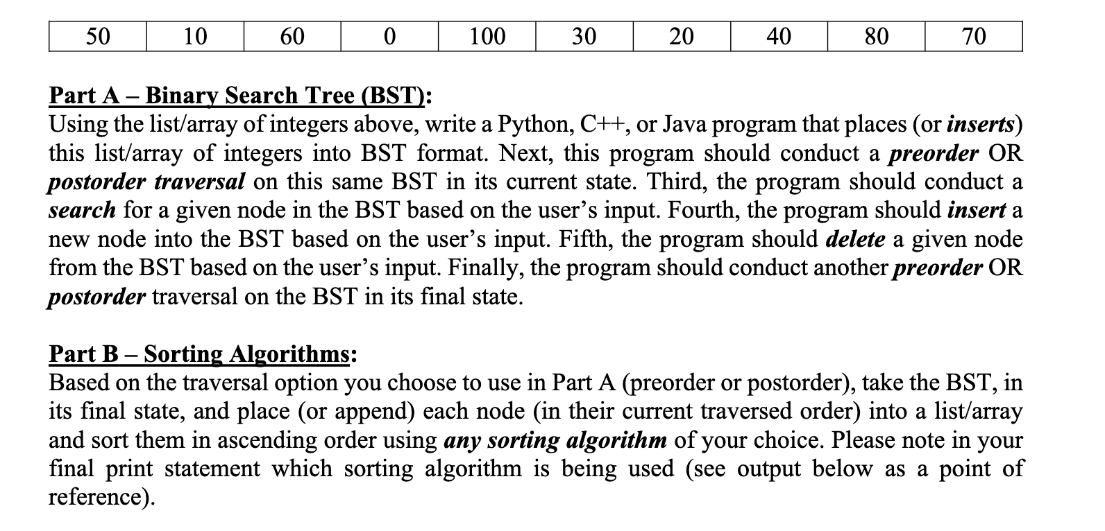 Solved Part A - Binary Search Tree (BST): Using the | Chegg.com image.