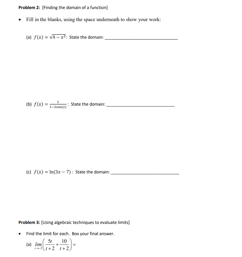 Solved Problem 2: (Finding the domain of a function] • Fill | Chegg.com