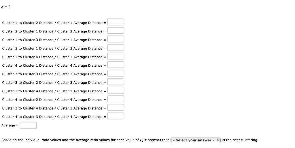 \[
k=4
\]
Cluster 1 to Cluster 2 Distance / Cluster 1 Average Distance =
Cluster 2 to Cluster 1 Distance / Cluster 2 Average 