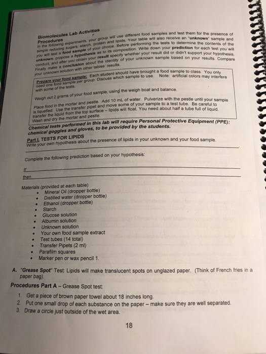 es Biomolecules Lab A food samples and test them for