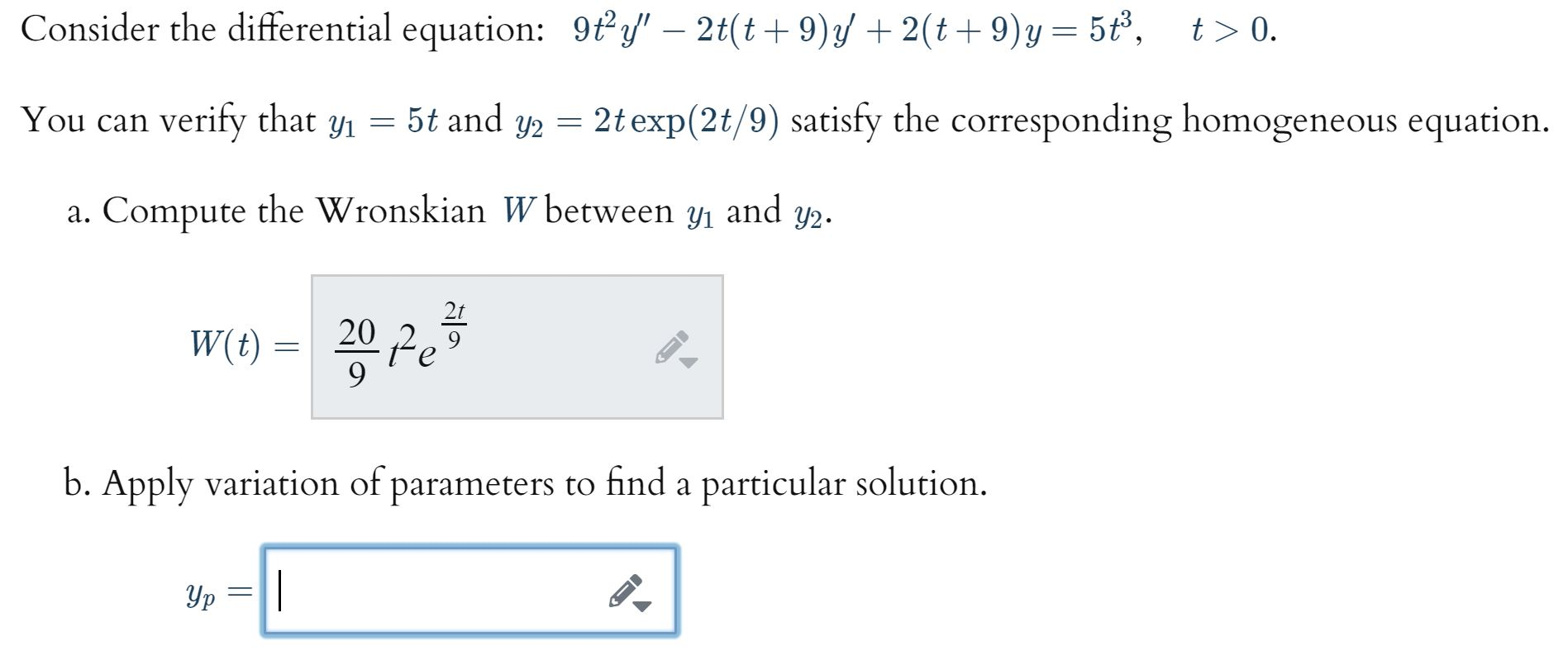 Solved Consider The Differential Equation 9t 2y 2t T 9 Chegg Com