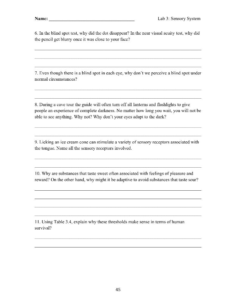 Name: Lab 3: Sensory System DISCUSSION QUESTIONS 1. | Chegg.com