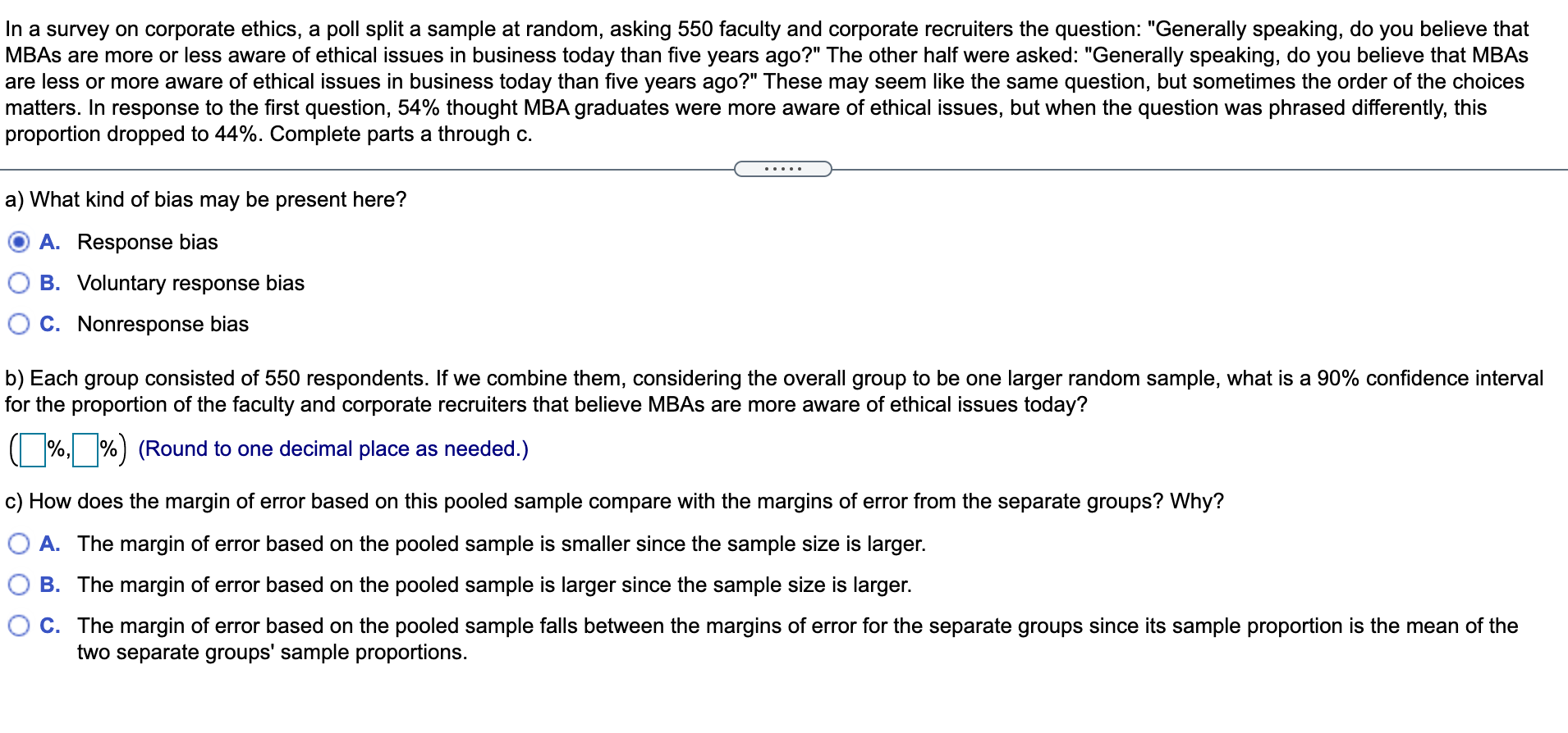 Solved In a survey on corporate ethics, a poll split a | Chegg.com