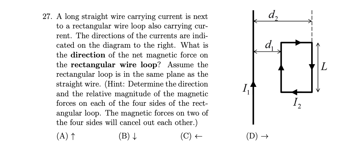 Solved 27. A long straight wire carrying current is next to | Chegg.com
