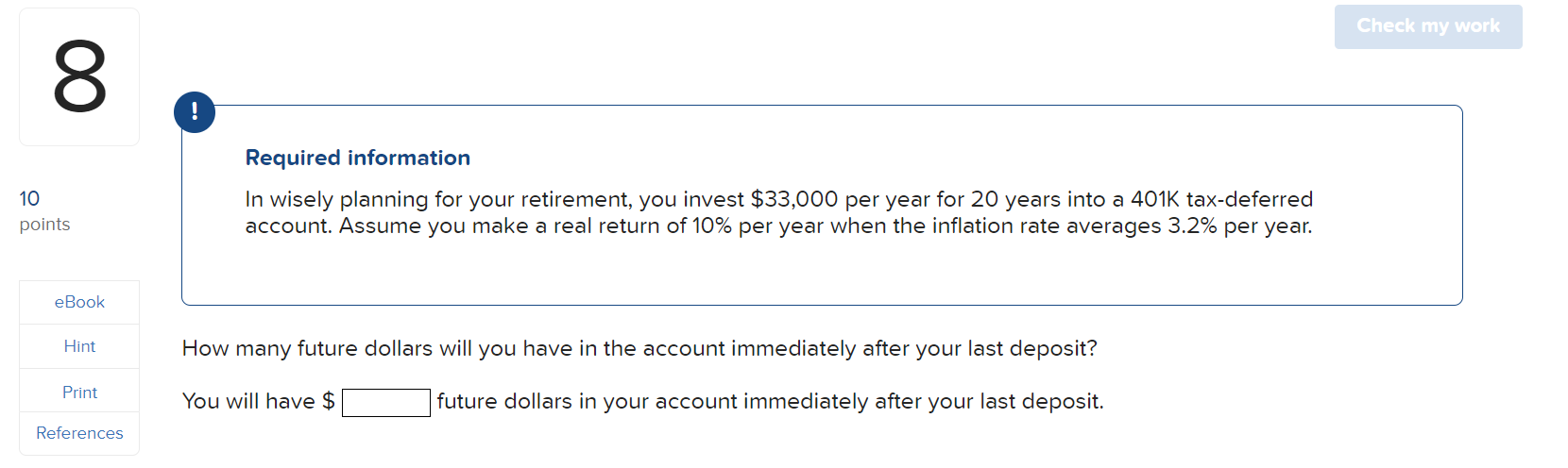 Solved Check my work 00 ! 10 points Required information In | Chegg.com