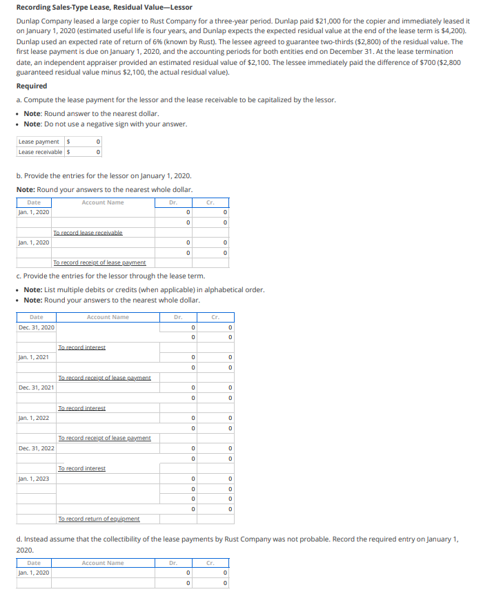 Solved Recording SalesType Lease, Residual ValueLessor