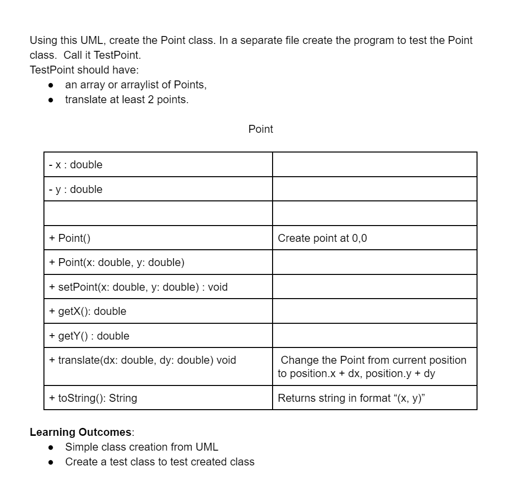 Solved in java with working code Create a Point class and | Chegg.com