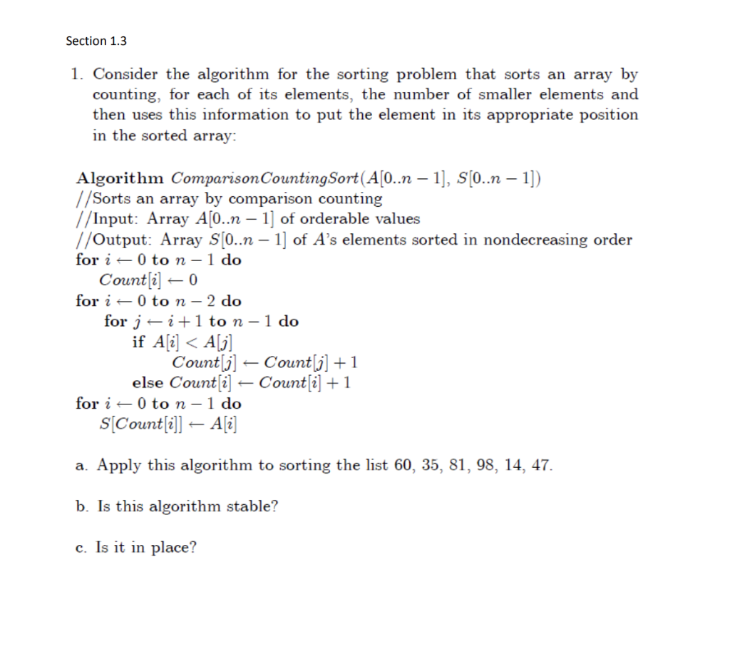 Solved Section 1.3 1. Consider The Algorithm For The Sorting | Chegg.com