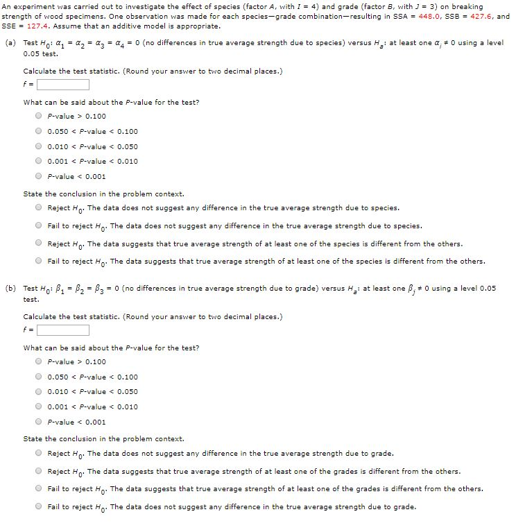 Solved An experiment was carried out to investigate the | Chegg.com