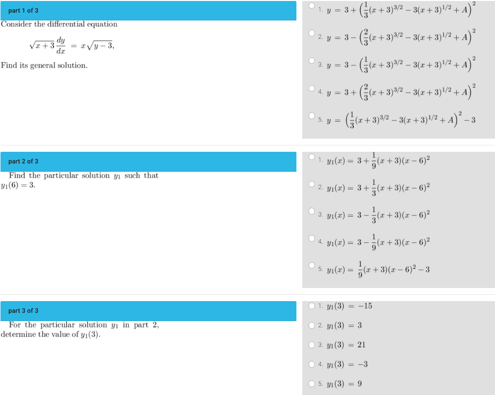 Solved part 2 ﻿of 3Find the particular solution y1 ﻿such | Chegg.com
