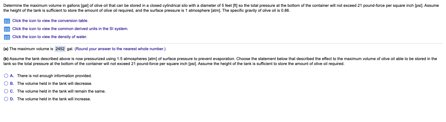 Solved Determine the maximum volume in gallons (gal] of | Chegg.com