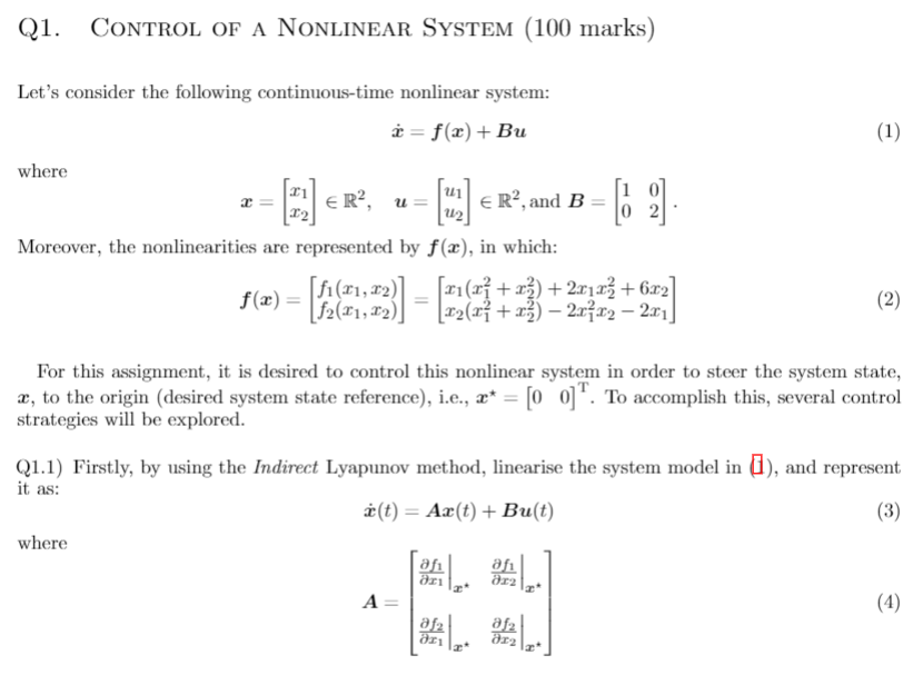 Solved Q1. CONTROL OF A NONLINEAR SYSTEM (100 marks) (1) u1 | Chegg.com