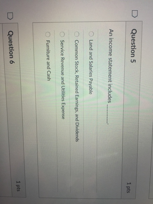 Solved D Question 5 1 pts An income statement includes. Land | Chegg.com