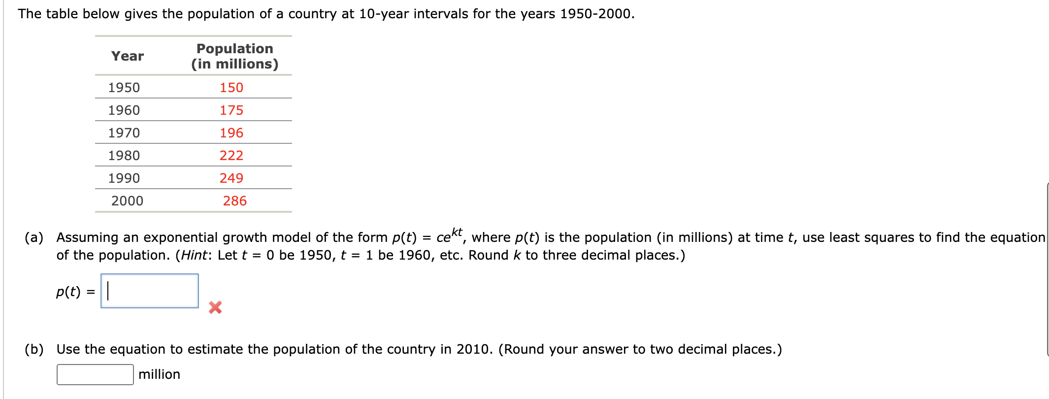 Solved The table below gives the population of a country at | Chegg.com