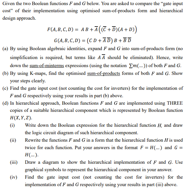 Solved Given the two Boolean functions F and G below. You | Chegg.com
