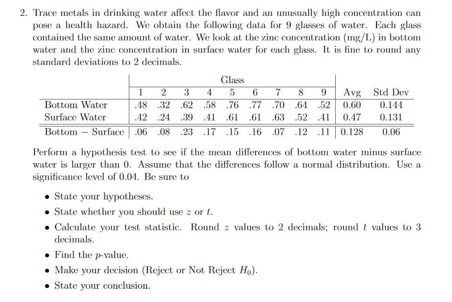 Solved 2. Trace metals in drinking water affect the flavor | Chegg.com