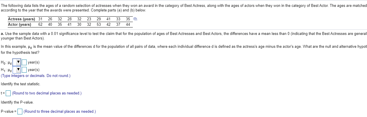 Solved The lists represent the age of actors (M) and