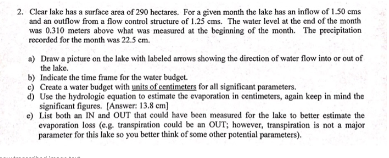 Lake Math Problem Solved 2. Clear lake has a surface area of 290 hectares. For | Chegg.com