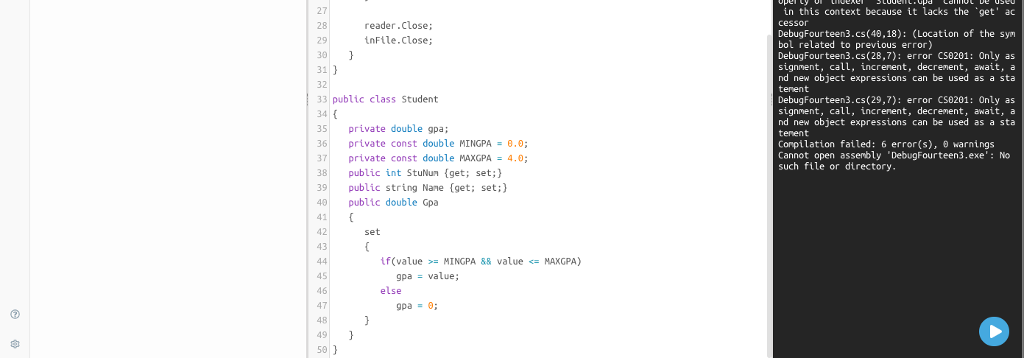 Solved Debugging Exercise 14-3 DebugFourteen3.cs(12,27): | Chegg.com