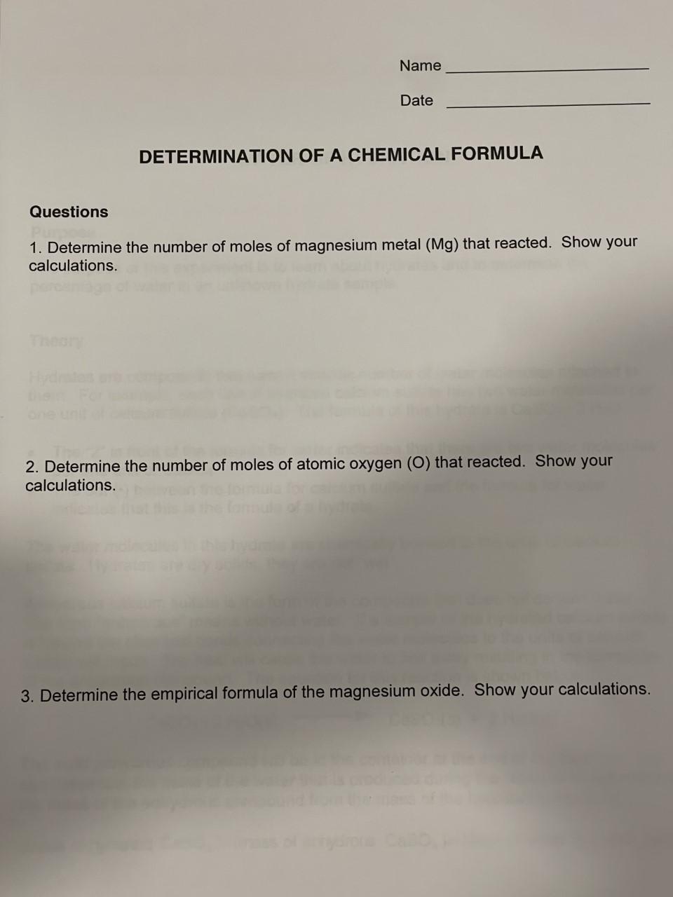 DETERMINATION OF A CHEMICAL FORMULA Questions 1.